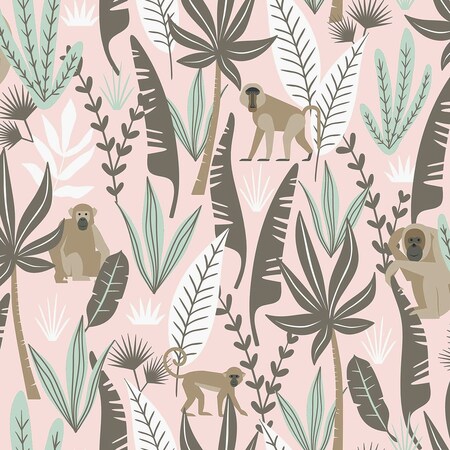 Manhattan Comfort Huntsville Kiki Pink Monkeys 33 ft L X 209 in W Wallpaper BR4060-139072